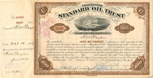 Standard Oil Trust issued to Henry M. Flagler - Signed Twice - 1889 Autograph Stock Certificate